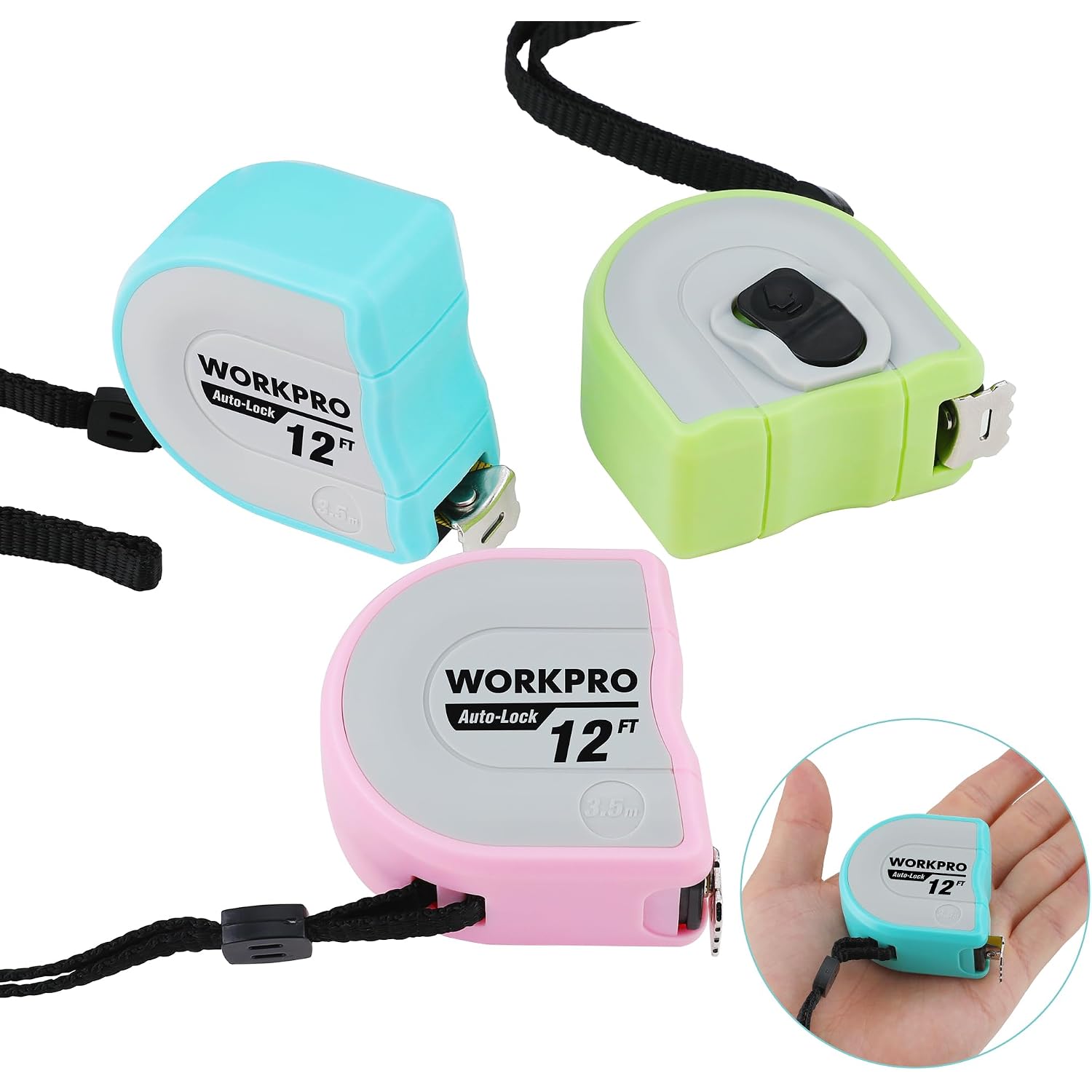 Set of mini tape measures in blue, green, and pink with auto-lock casings