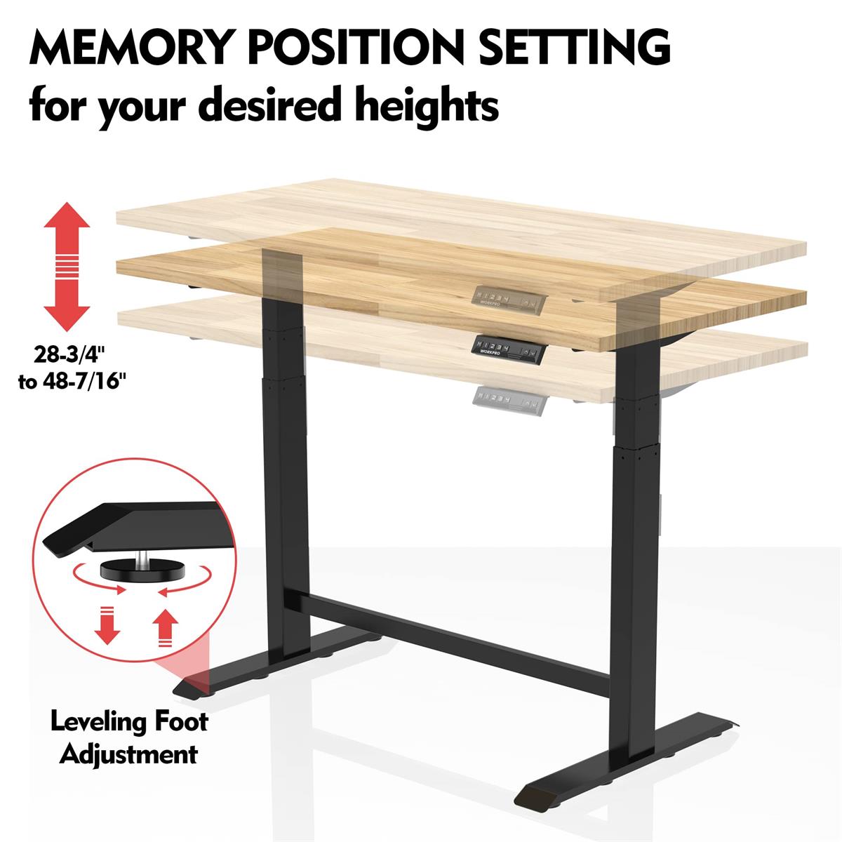 Height adjustable workbench with wooden top and black frame with leveling feet