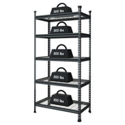 Black metal 5-tier shelf rack rated up to 800 lbs per shelf with wire mesh levels