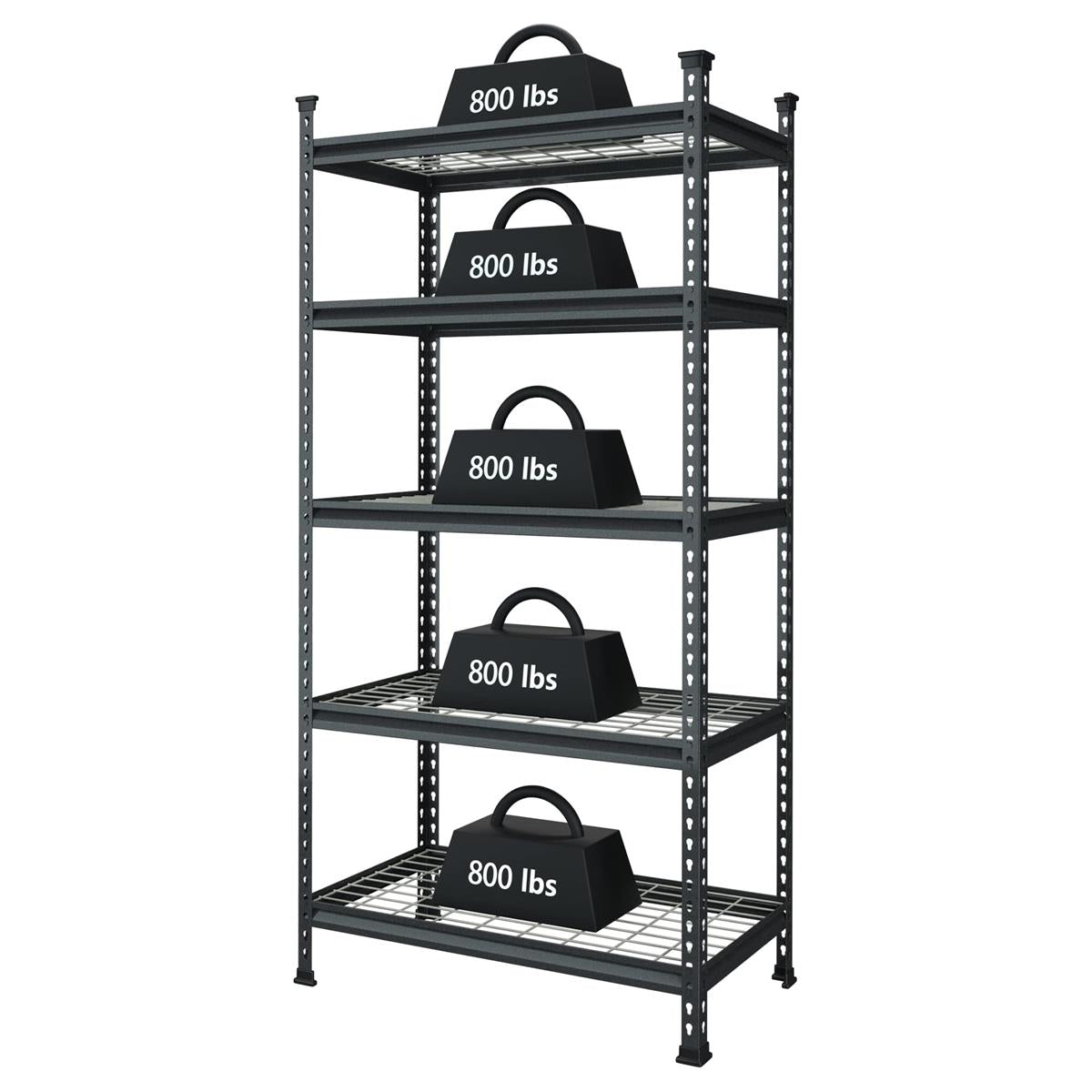 Black metal 5-tier shelf rack rated up to 800 lbs per shelf with wire mesh levels