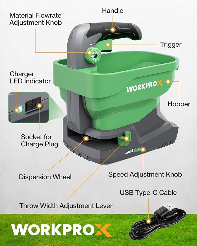 Green handheld seed spreader with handle, trigger, speed knob, and charger port