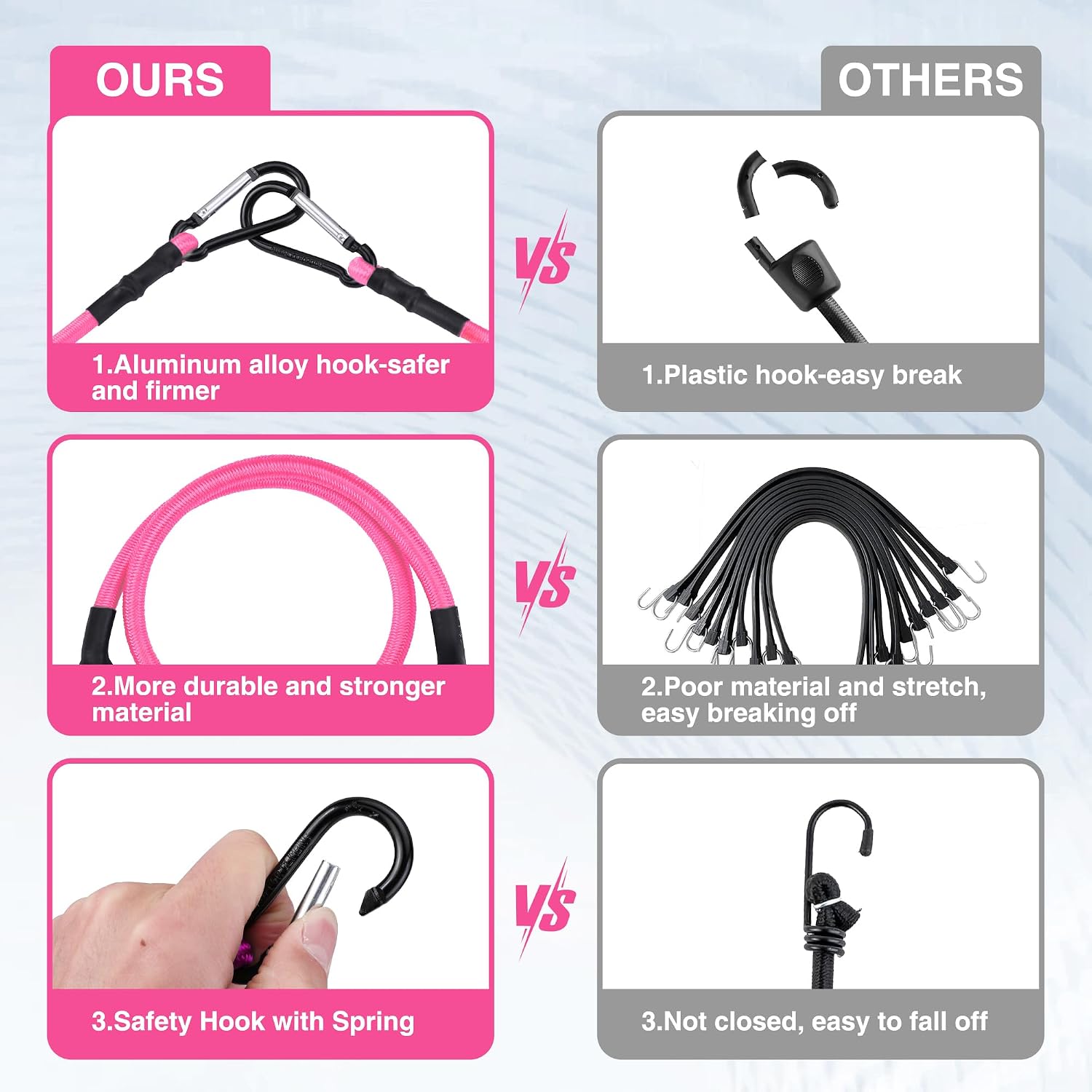 WORKPRO 24 inch bungee cord with hooks in pink with innovation quality and secure spring latch