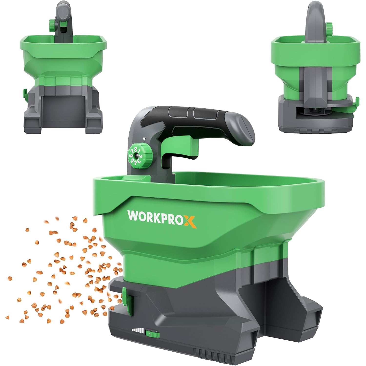 Green handheld seed and fertilizer spreader with dispensing hopper and handle