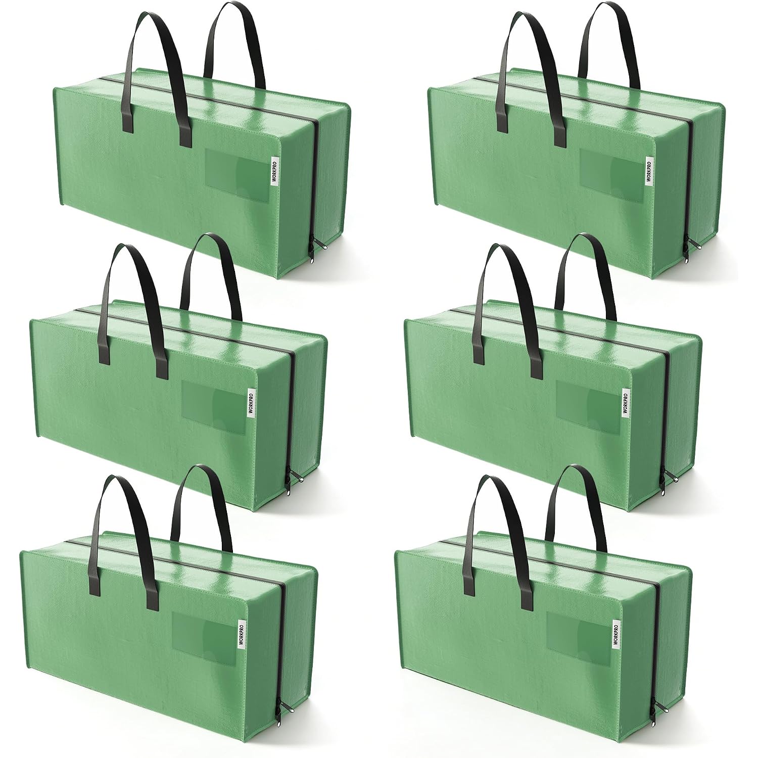 Six-pack of green extra-large moving tote bags with zipper and reinforced handles