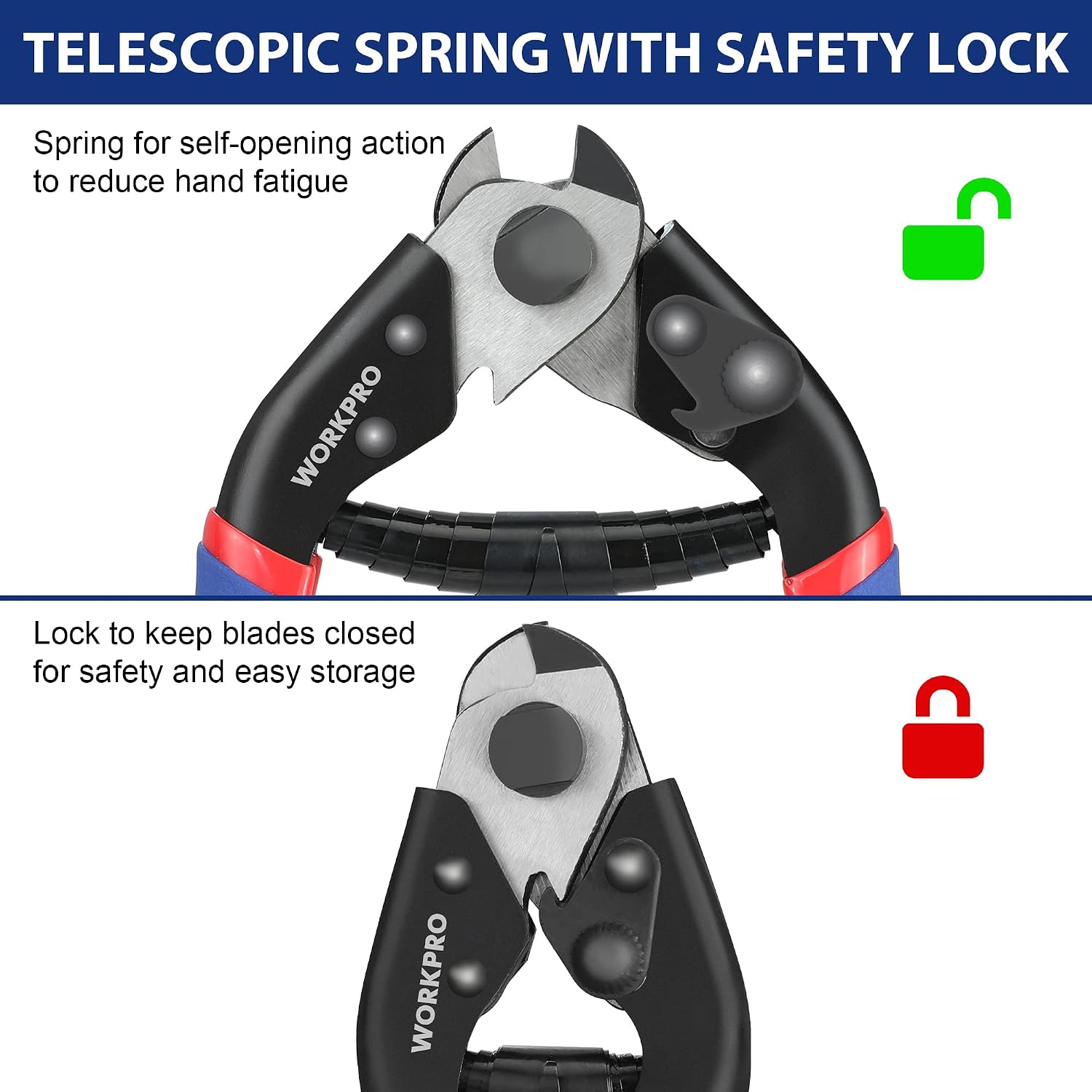 Spring lock cable cutter with black curved jaws and blue handles