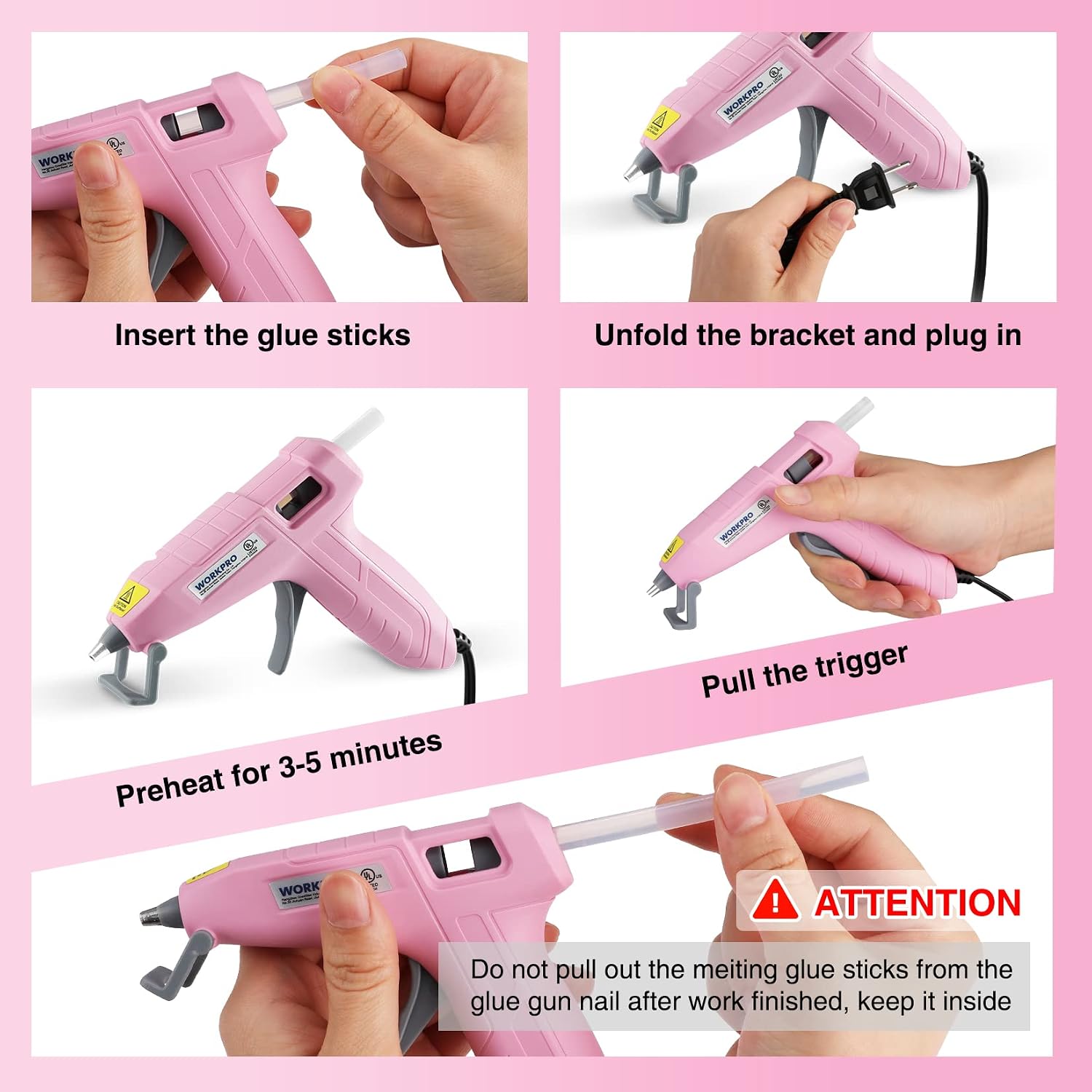 Pink mini hot glue gun with foldable bracket, trigger, and preheat-ready design