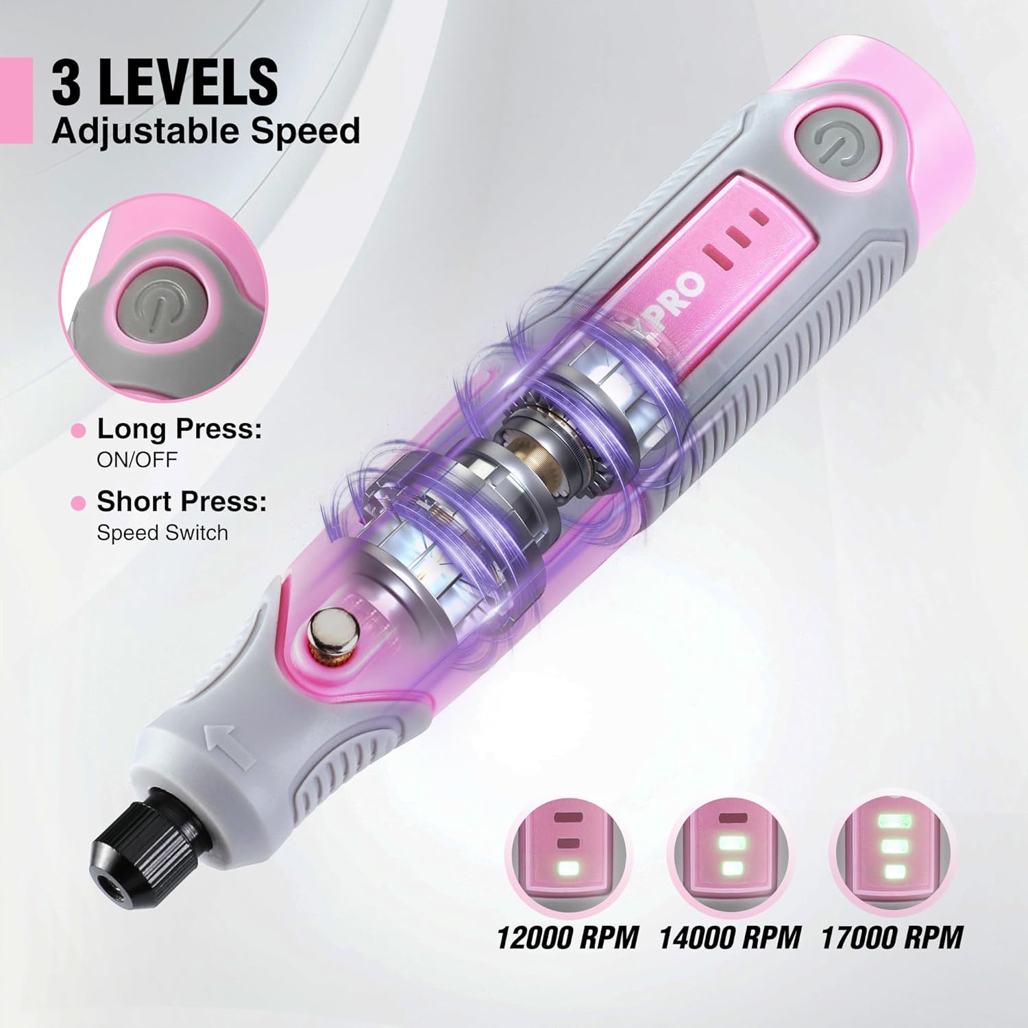 Pink electric rotary tool showing adjustable speed levels and on/off switch