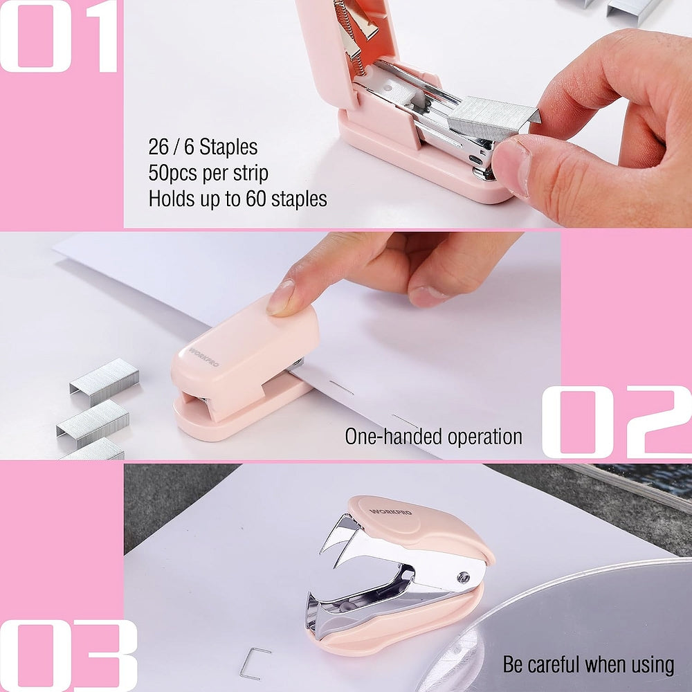 Pink mini stapler with staples, one-handed use shown on paper