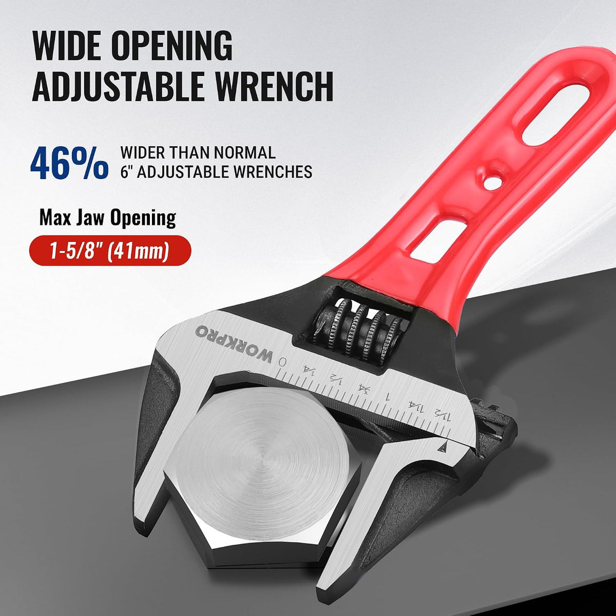 WORKPRO 6" Stubby Adjustable Wrench, 1-5/8" Extra Wide Jaw Opening