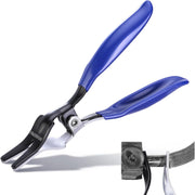 Blue-handled hose removal pliers with open jaws on a metal clamp