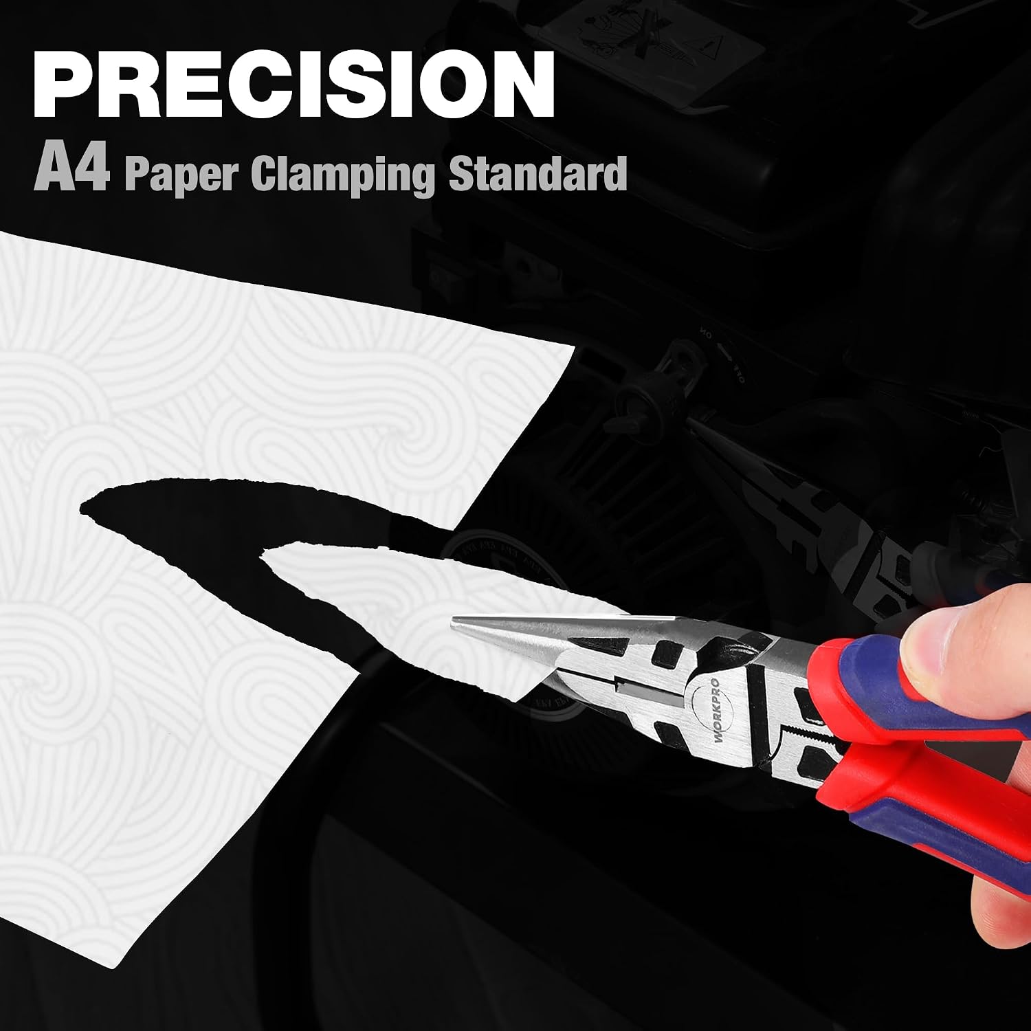 Needle-nose pliers held in hand with pointed tip and red-blue soft grip