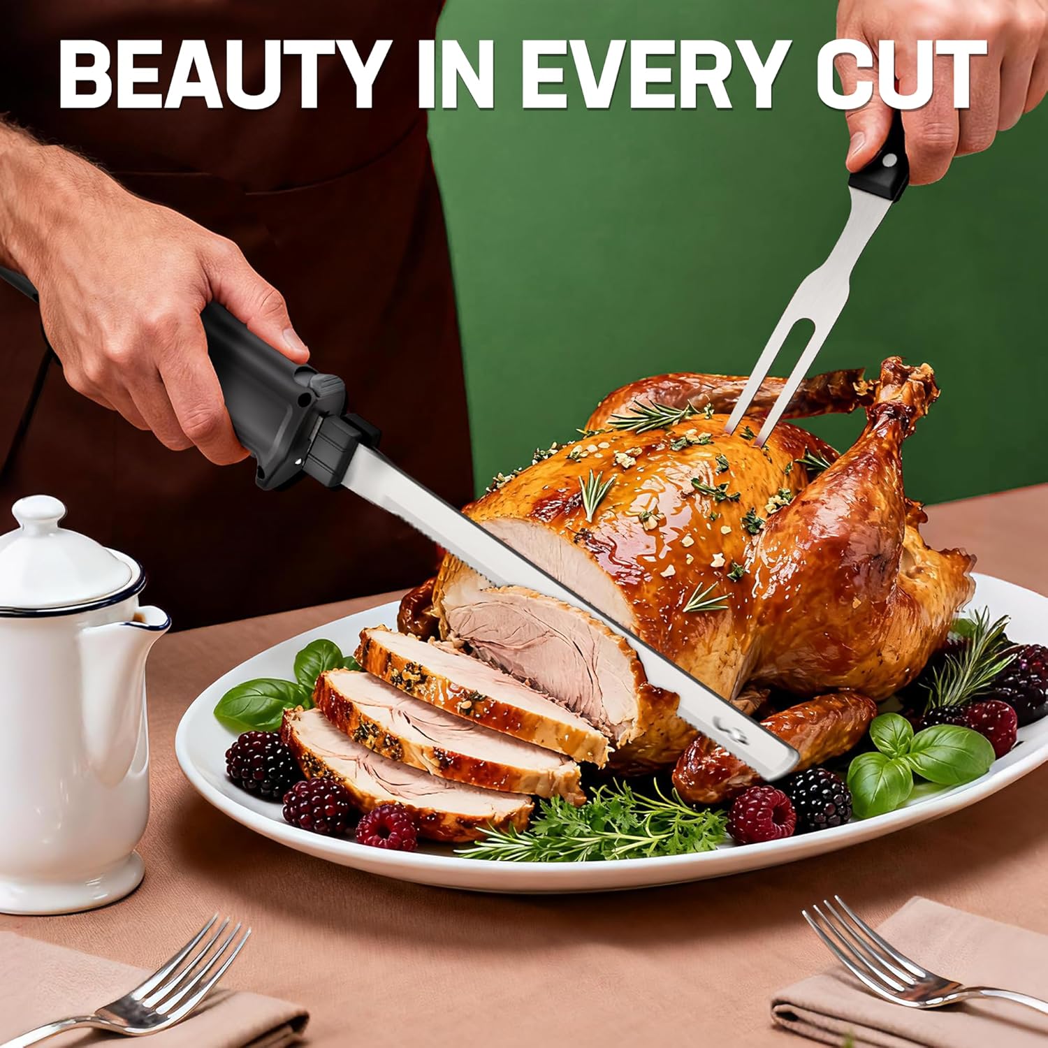Cordless electric carving knife slicing roasted turkey with stainless blade and fork