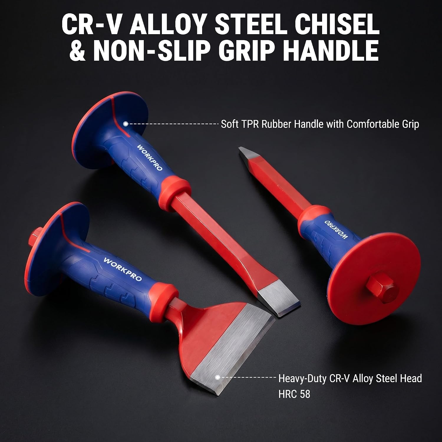 WORKPRO 3-piece masonry chisel set with protective hand guard, blue and red non-slip TPR grip handles