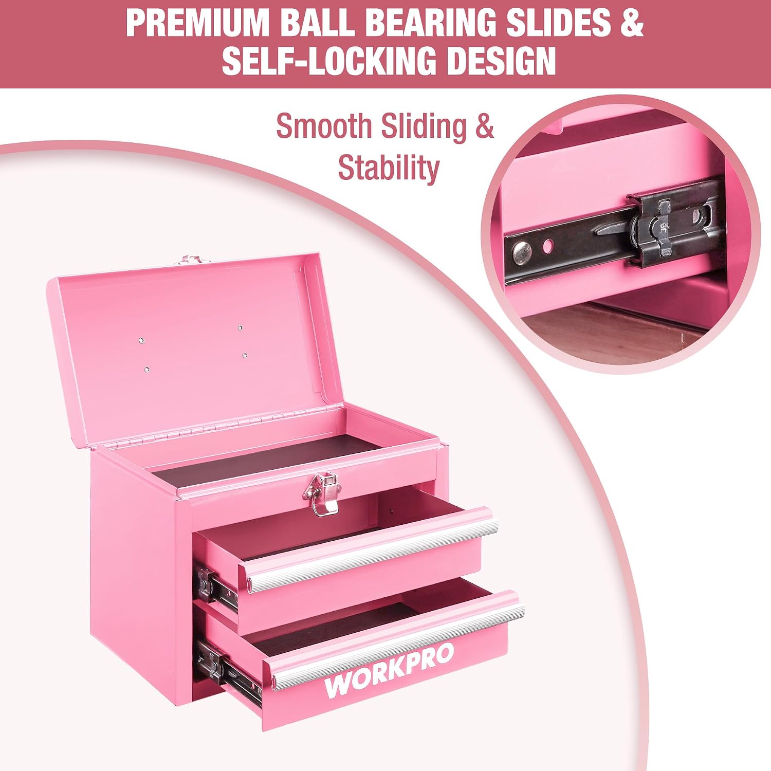 WORKPRO Portable & 12.5" Mini Metal Tool Box, Top Tool Chest Containing Two Drawers - Pink Ribbon