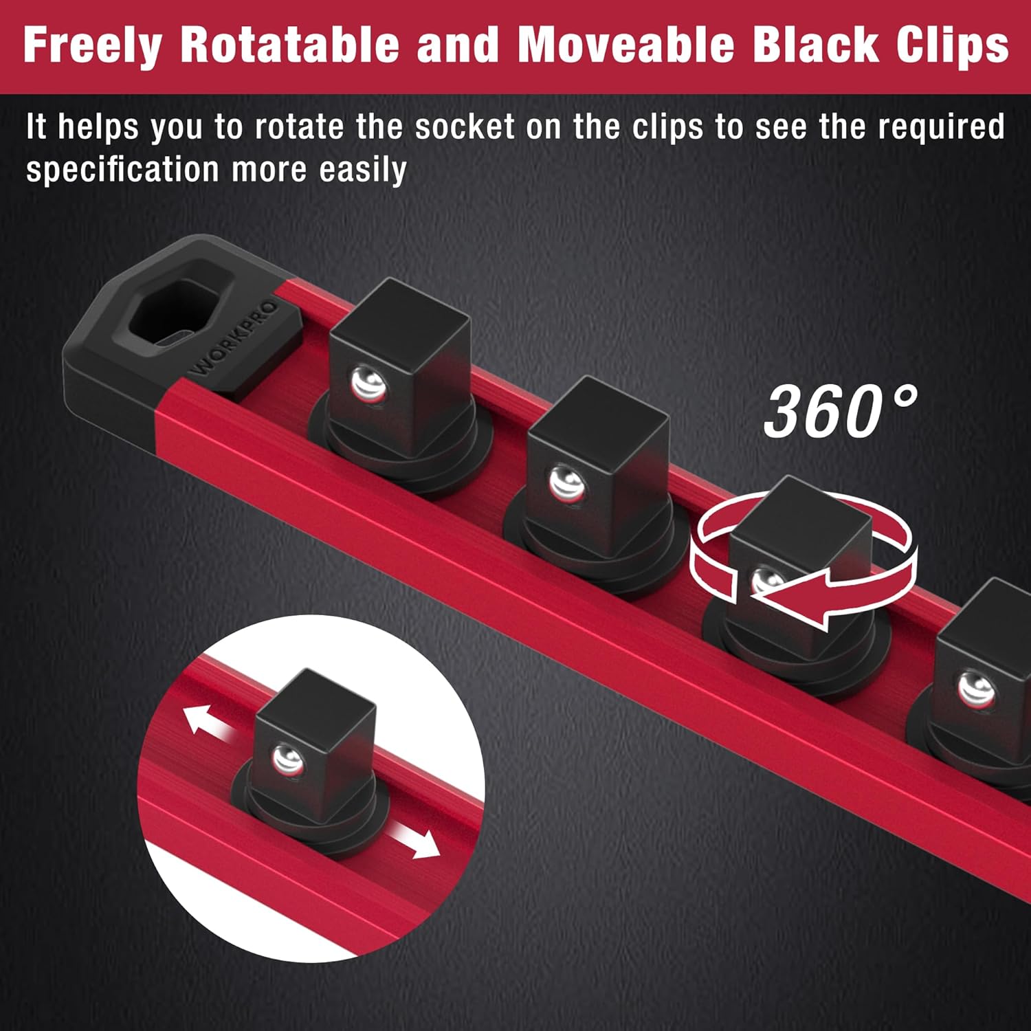 Rotatable socket organizer clips on red magnetic rail with black holders