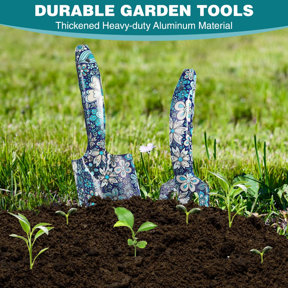 Blue floral hand garden tools with curved metal tips, standing in soil