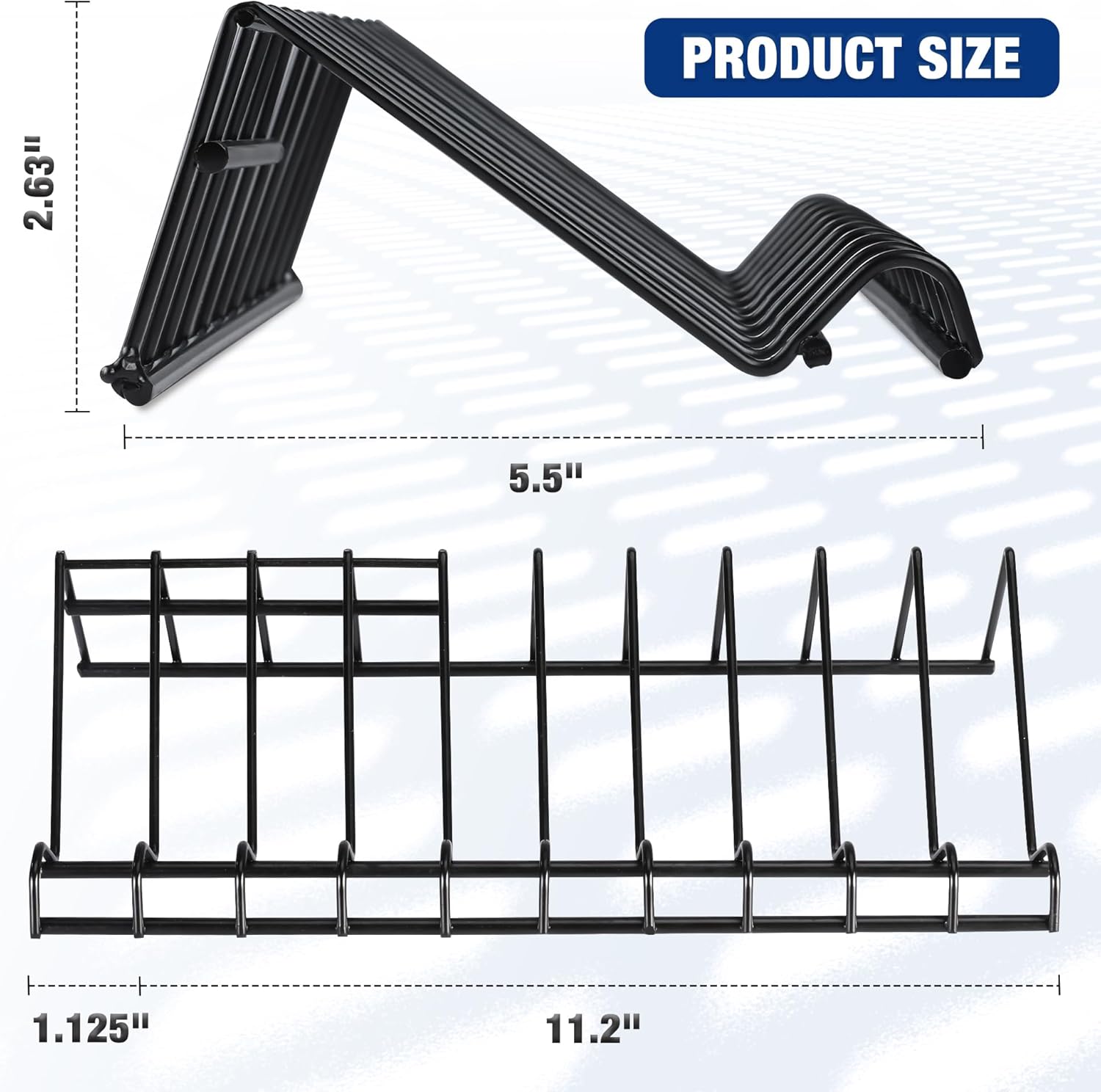 Black metal wire plier organizer rack with angled support and slotted rows