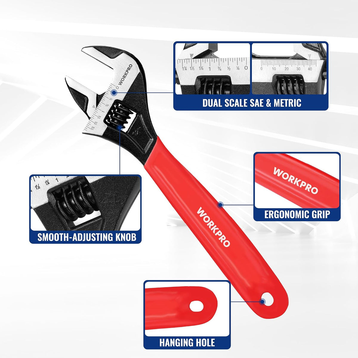 WORKPRO 12-Inch Adjustable Wrench, Wide Jaw Cr-V steel Wrench