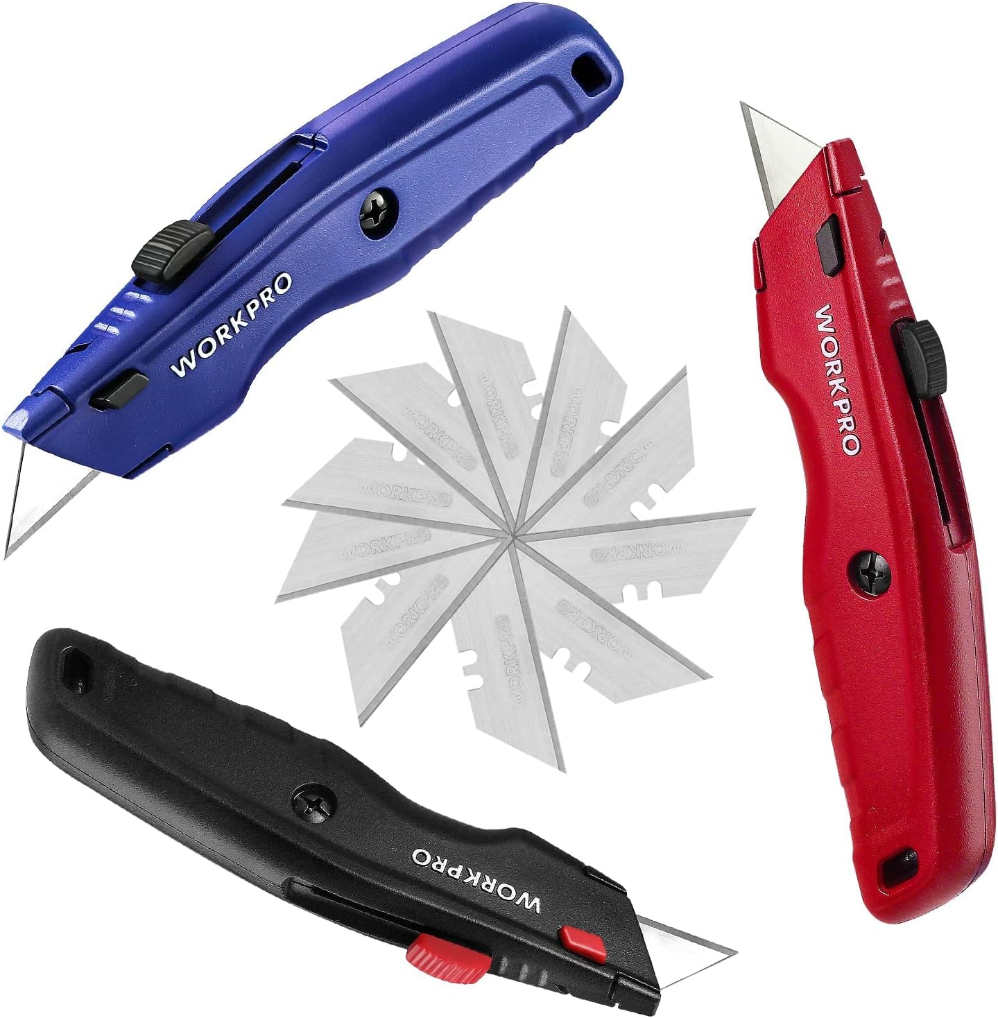 Retractable utility knife set with blue, red, and black bodies plus spare blades
