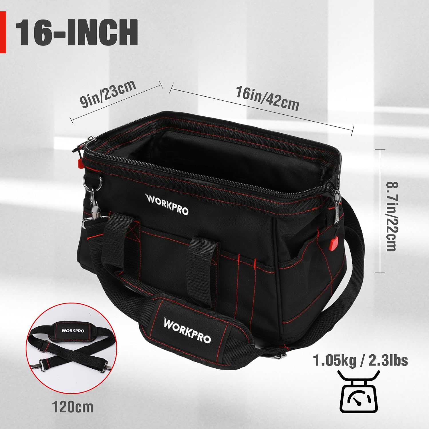 WORKPRO 16-inch Close Top Wide Mouth Tool Storage Bag with waterproof rubber base, durable quality and secure innovation