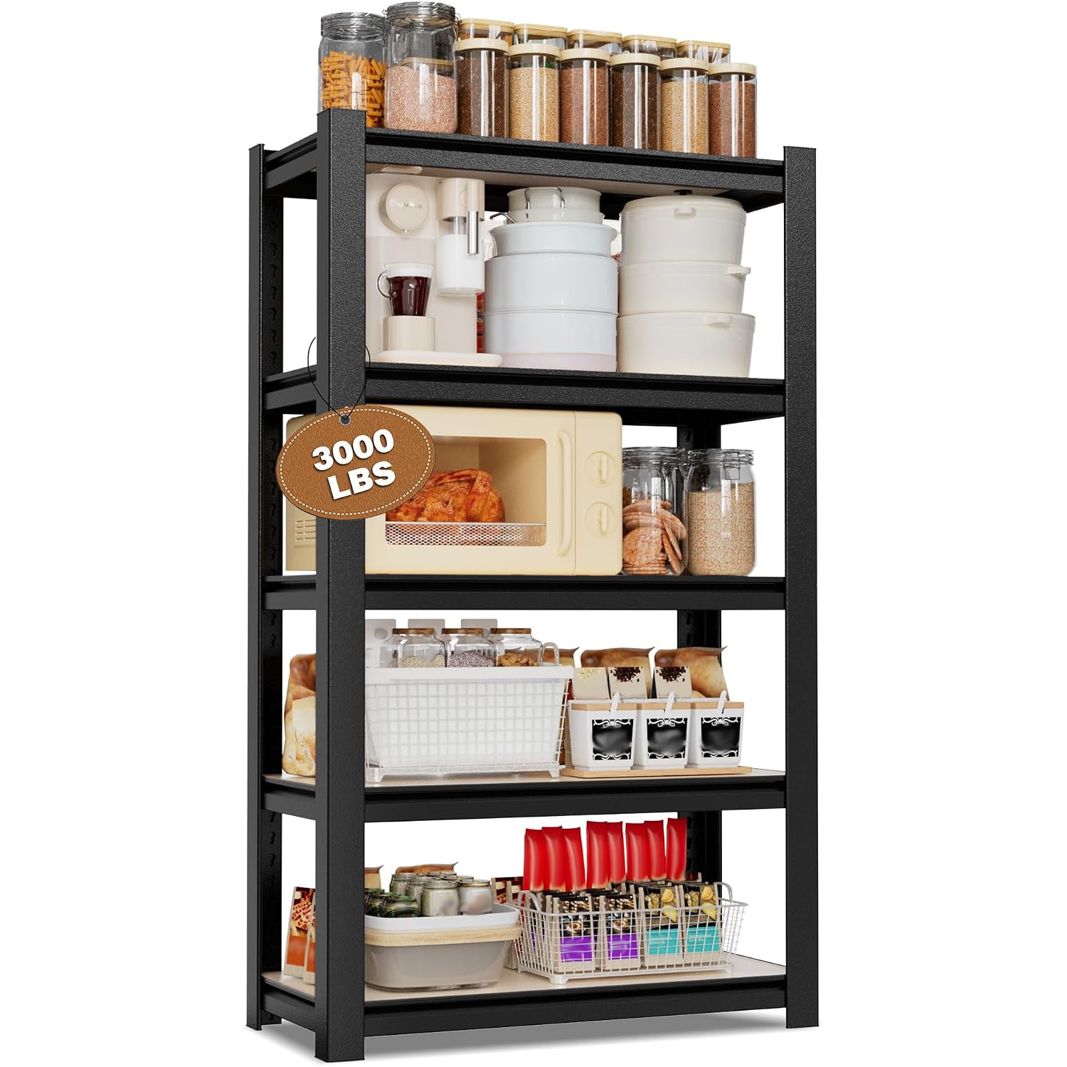 Black 5-tier metal shelving unit with particle board shelves filled with pantry goods and bottles