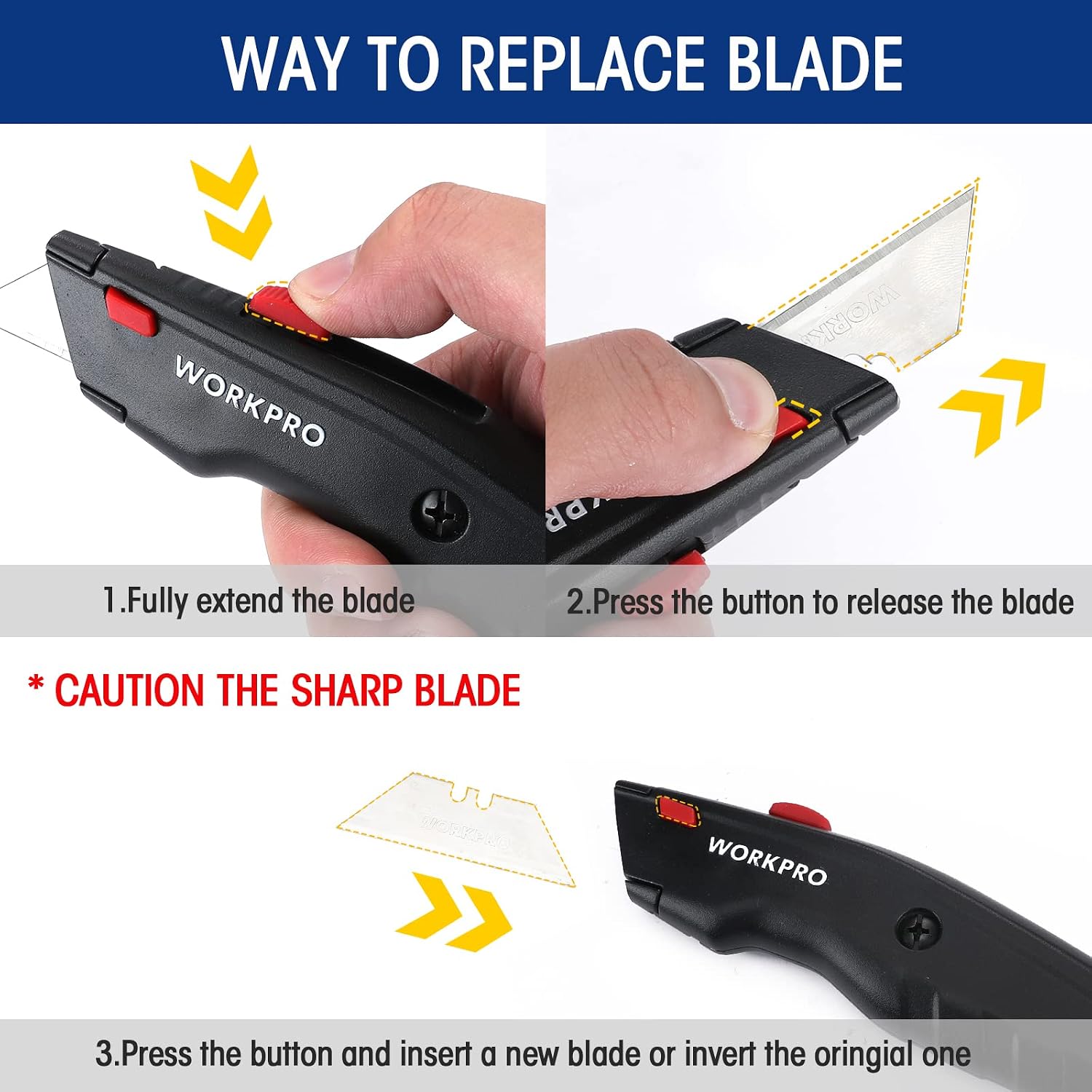 Retractable utility knife showing blade release button with hand replacing blade