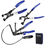 3-piece hose clamp pliers set with blue handles and pouch, long-reach wire spring type