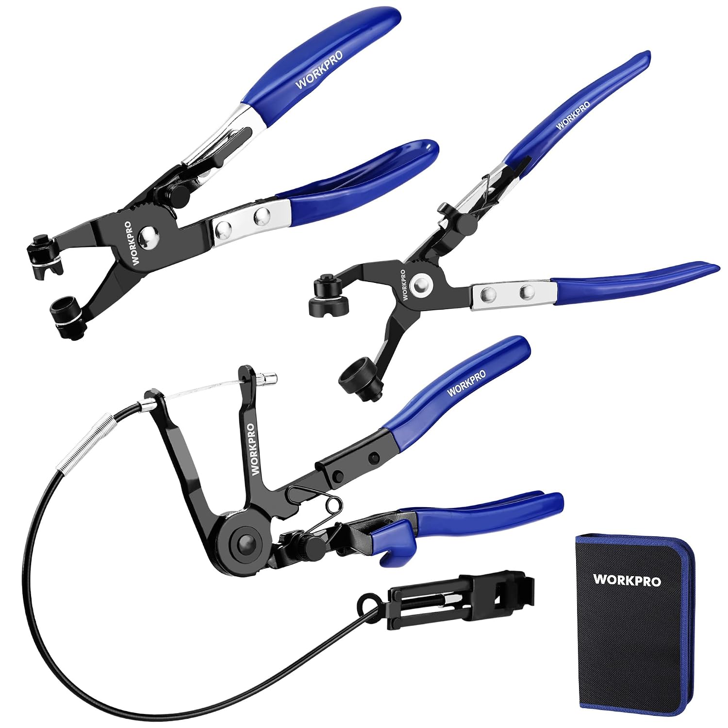 3-piece hose clamp pliers set with blue handles and pouch, long-reach wire spring type