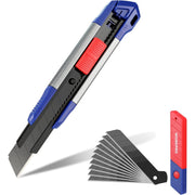 Retractable utility knife with blue body, red slider, and snap-off blade set