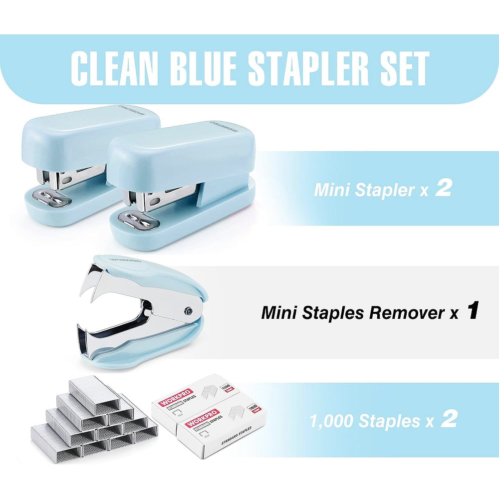 Light blue mini stapler set with two mini staplers, staple remover, and staples box