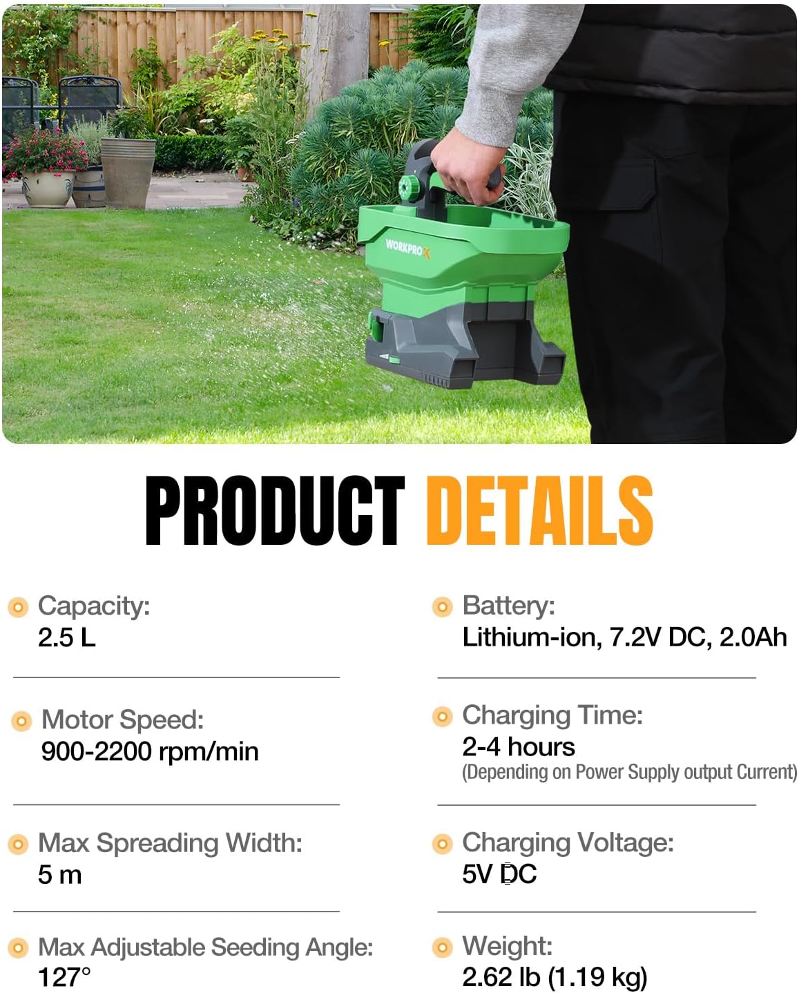 Rechargeable handheld seed and fertilizer spreader, green with gray hopper