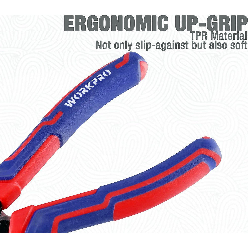 Ergonomic up-grip long-nose pliers with red/blue handles and tapered precision tips