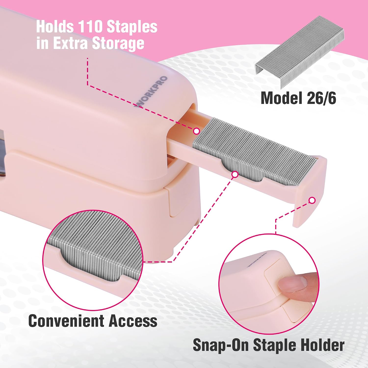 WORKPRO 2-in-1 stapler in pink with secure staple storage compartment, innovation quality and durable design