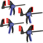 Multiple mini bar clamps with blue handles and red jaw pads, black metal bars