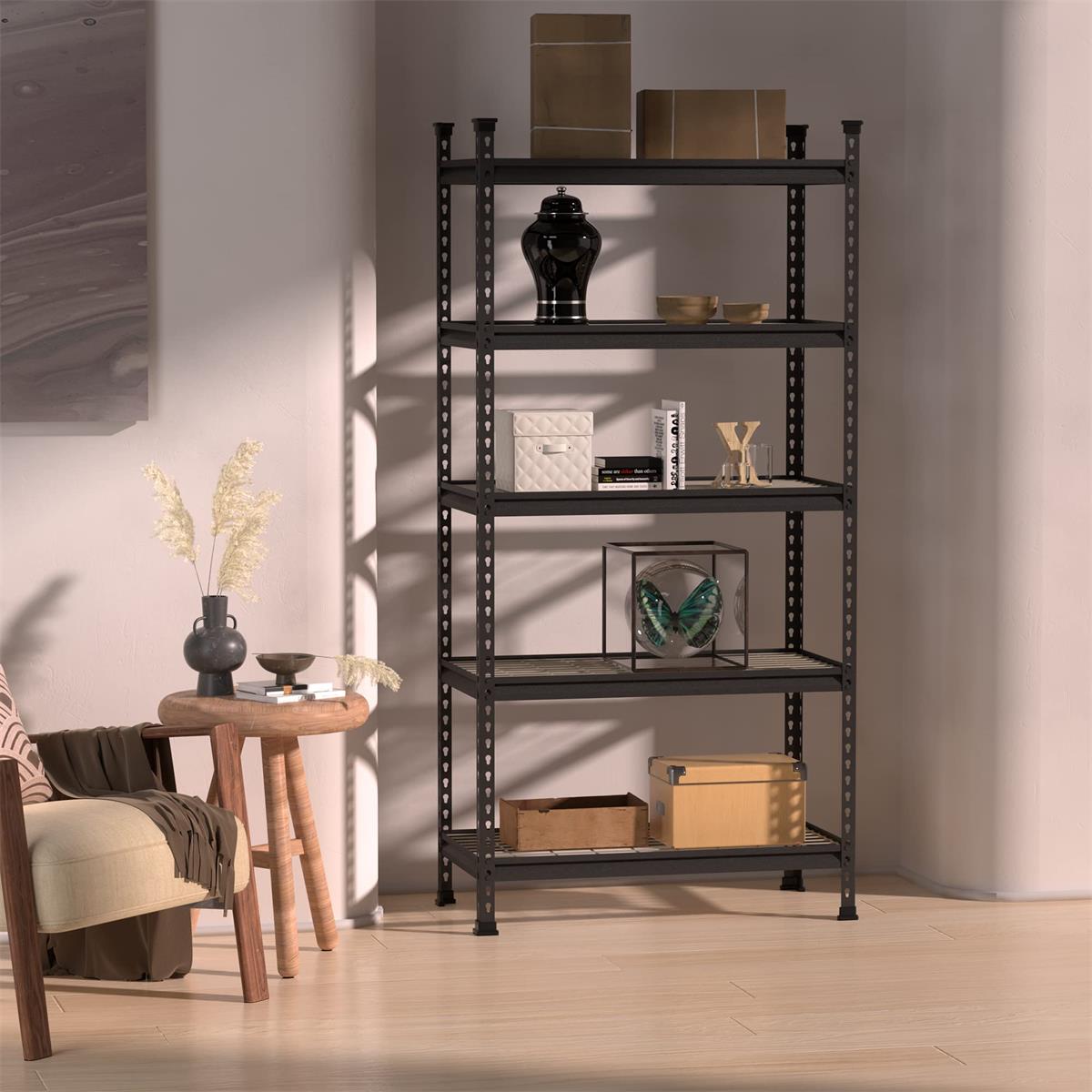 Black metal 5-tier storage shelving unit with wire mesh shelves holding boxes and decor