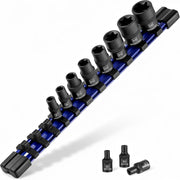 External E-Torx star sockets set, black CR-V sockets arranged on blue rail