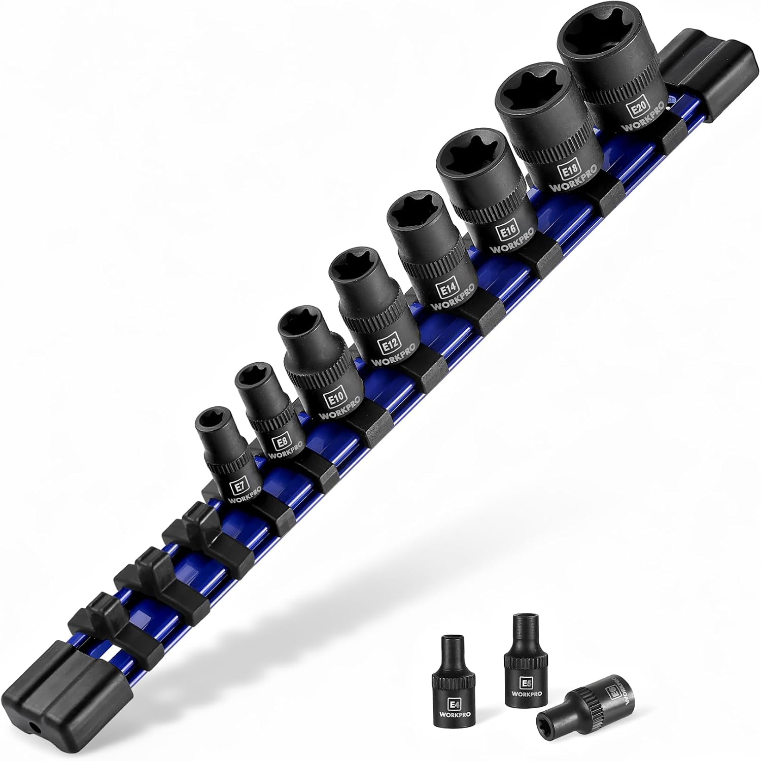 External E-Torx star sockets set, black CR-V sockets arranged on blue rail