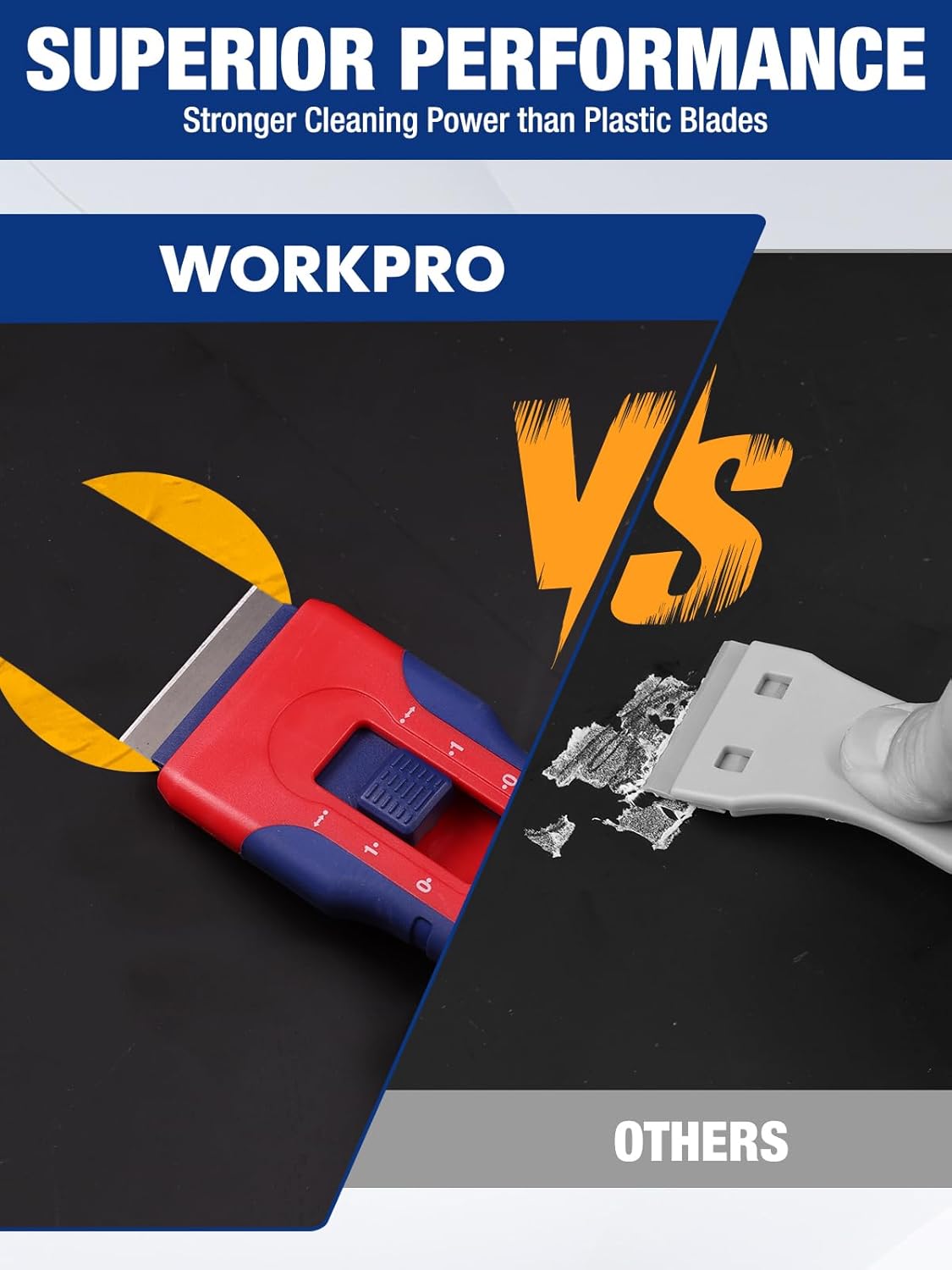 Retractable razor blade scraper with extended blade scraping residue, red and blue