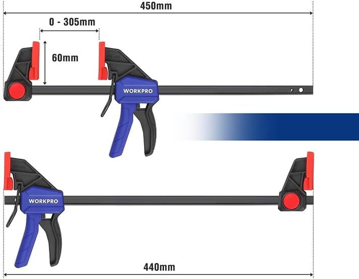 WORKPRO 12in F clamp pair with blue handles and red pressure pads, size diagram