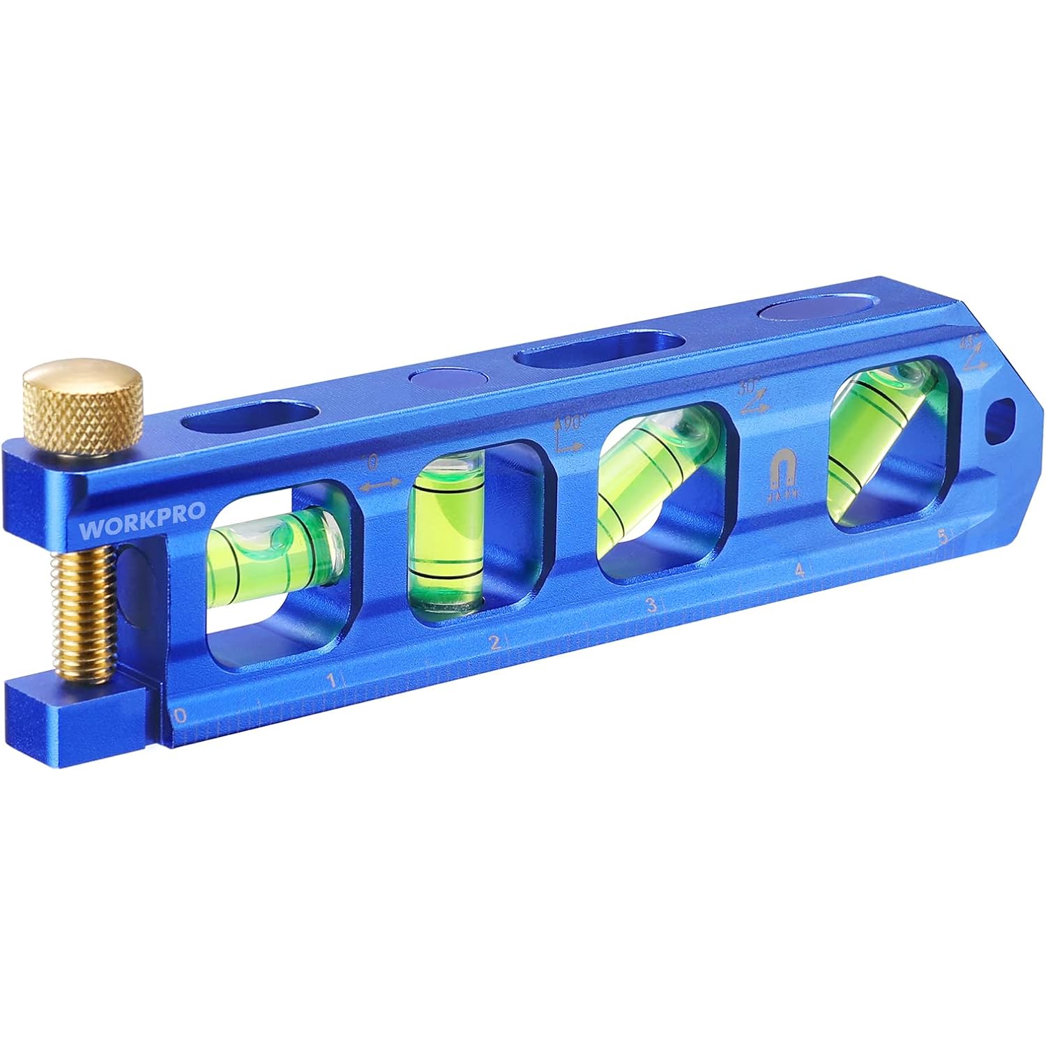 WORKPRO blue conduit bending level with green vials and brass adjustment knob