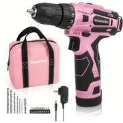 Pink cordless drill driver kit with pink tool bag, bits, and charger