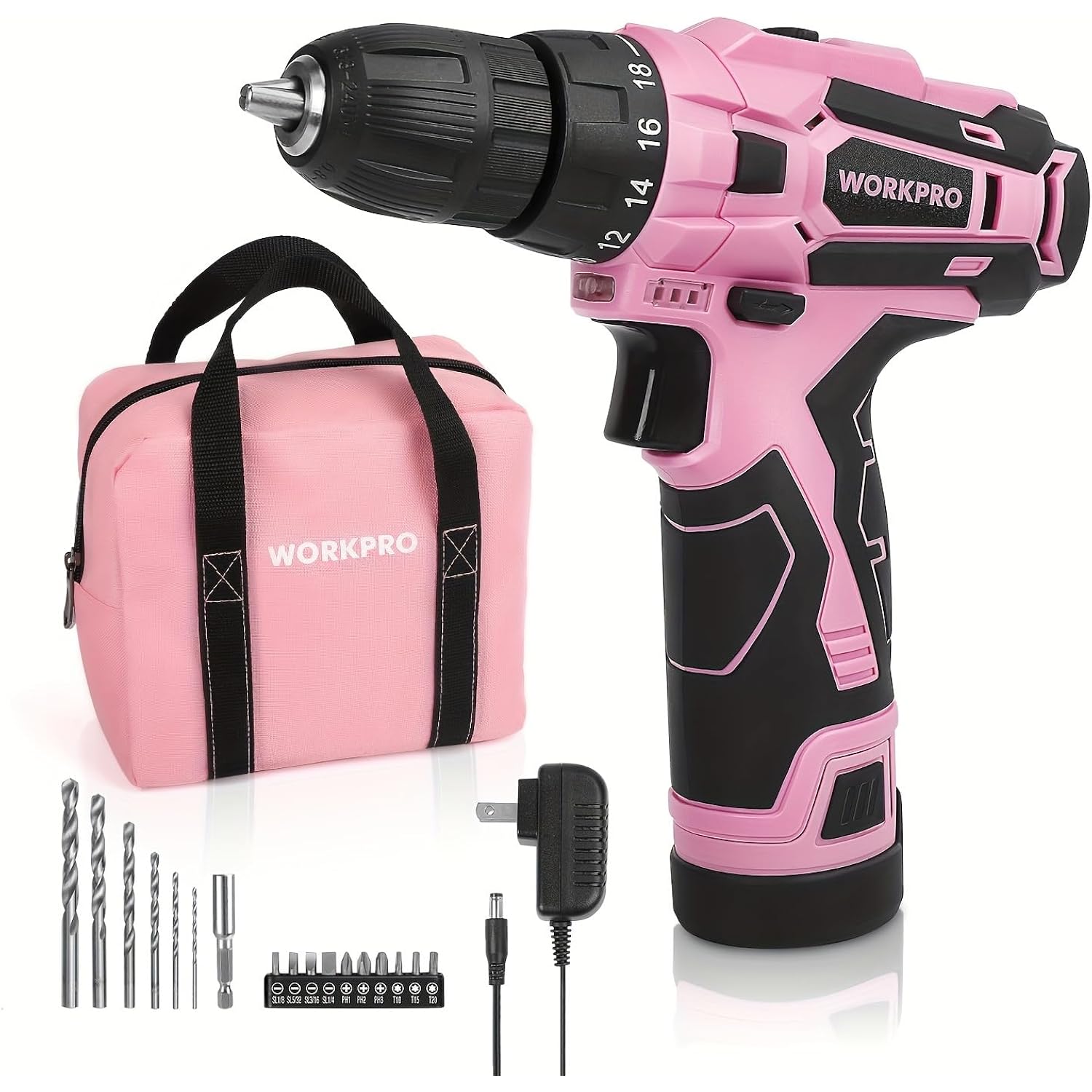 Pink cordless drill driver kit with pink tool bag, bits, and charger