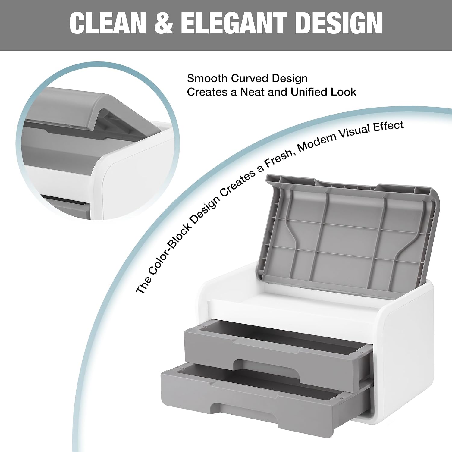 Grey and white desktop drawer organizer with flip-top lid and two drawers, smooth curved design