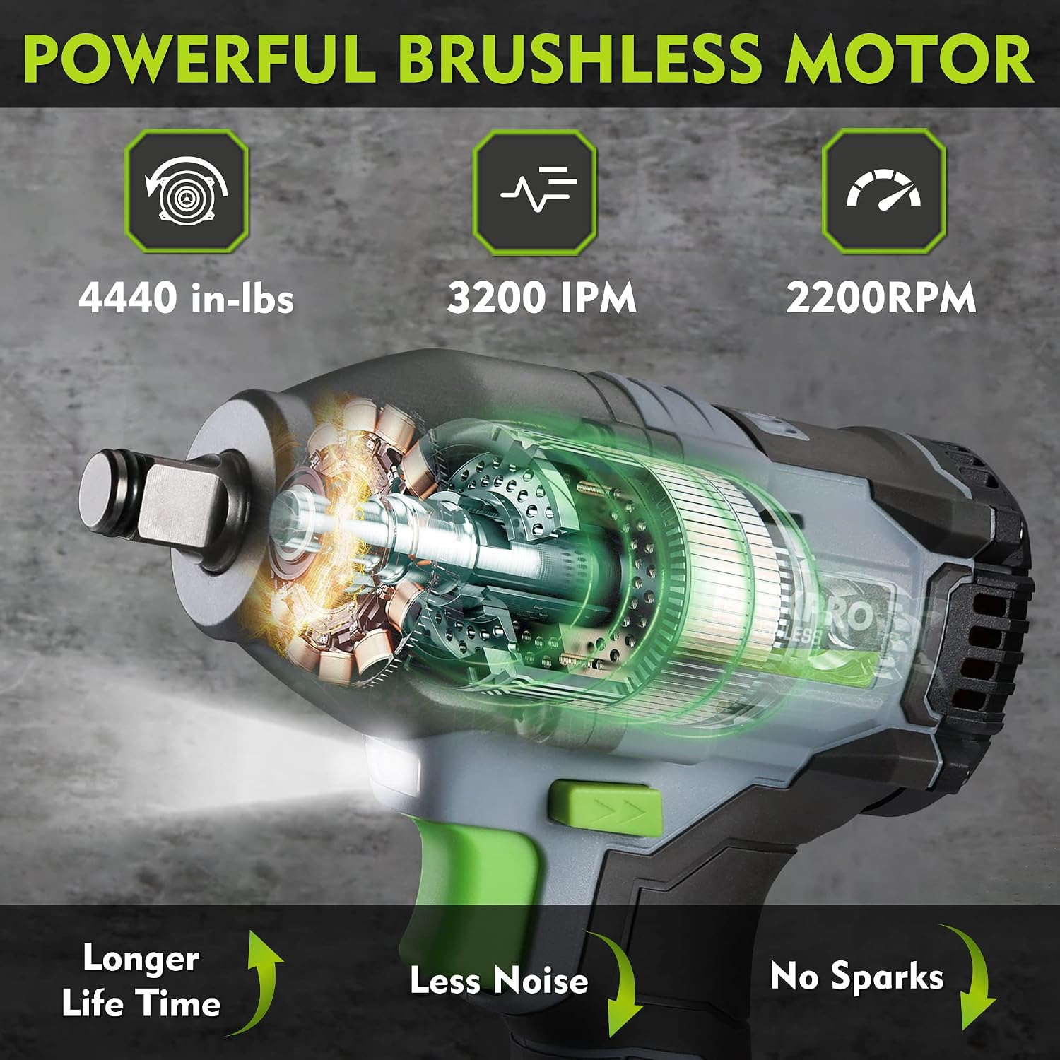 WORKPRO cordless impact wrench, brushless motor tool head close-up with green details
