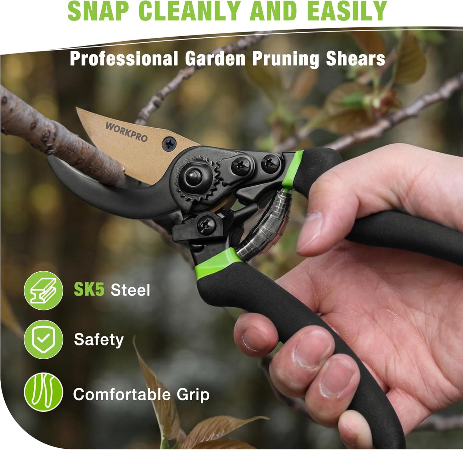 Bypass pruning shears with tan SK5 steel blade, black ergonomic handles, green comfort grip