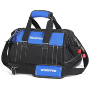 Black and blue 16-inch wide mouth tool bag with shoulder strap and reinforced side pockets