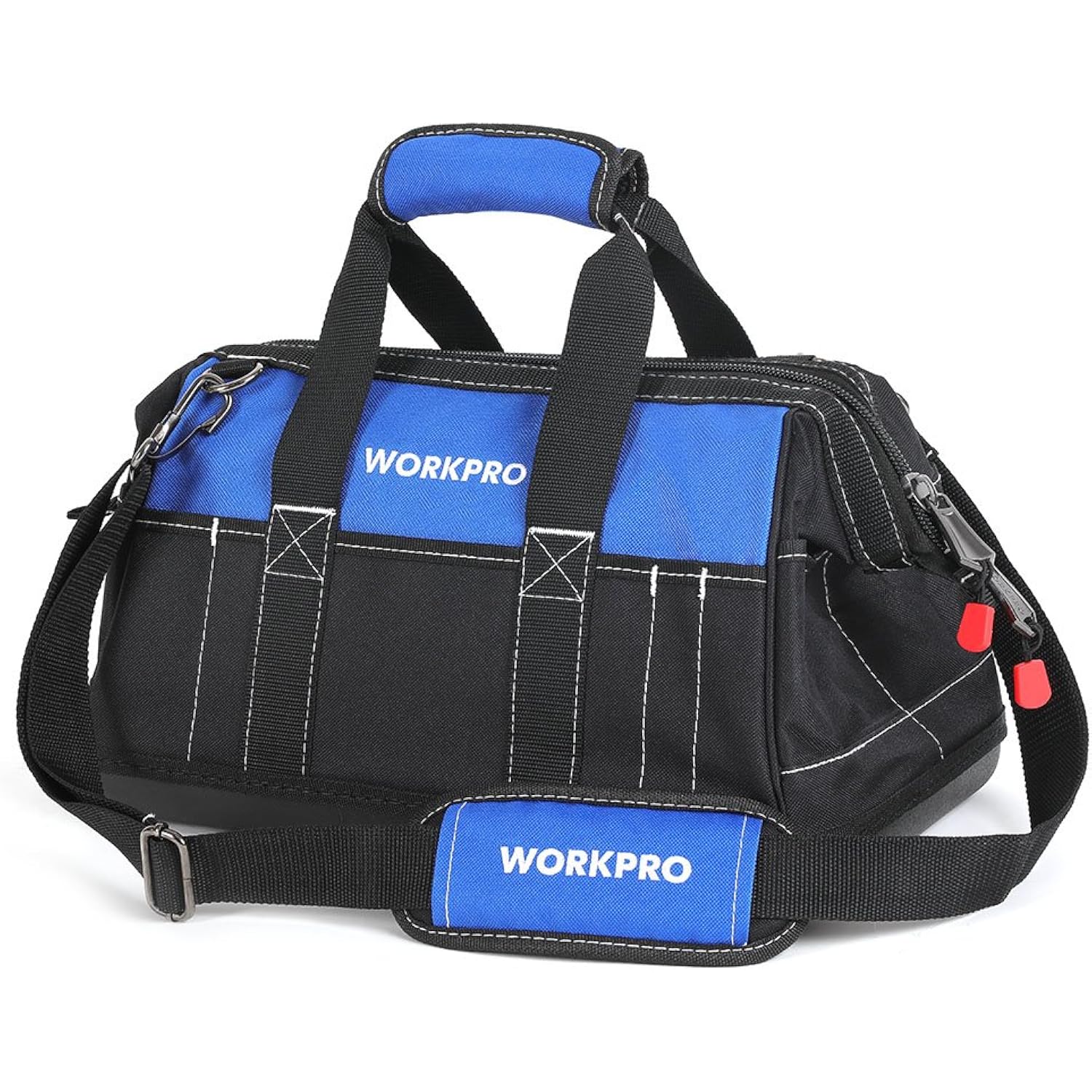 Black and blue 16-inch wide mouth tool bag with shoulder strap and reinforced side pockets