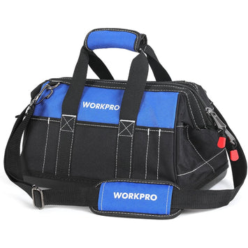 Black and blue 16-inch wide mouth tool bag with shoulder strap and reinforced side pockets