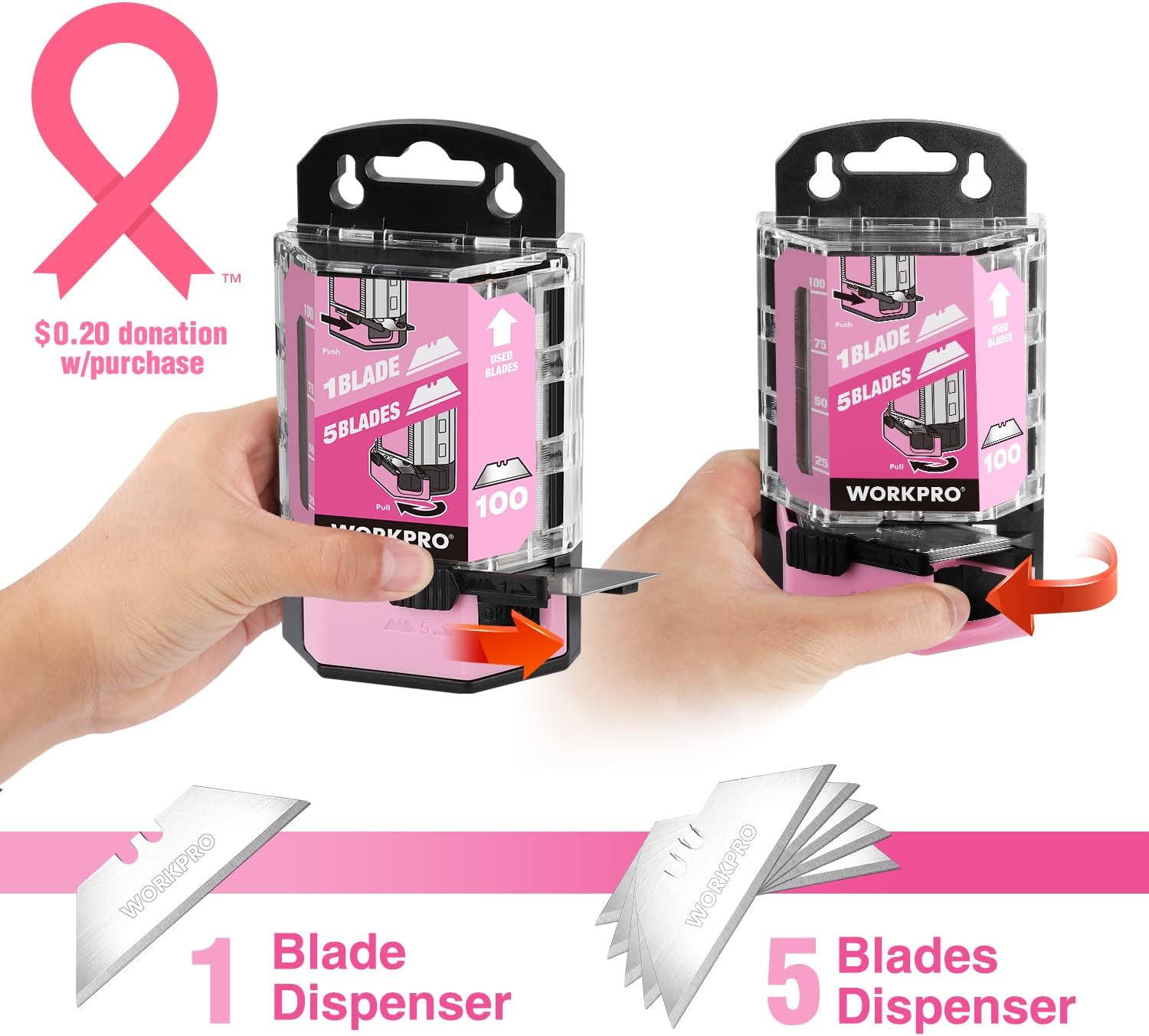 Pink utility knife blade dispenser held in hands with blade insertion mechanism