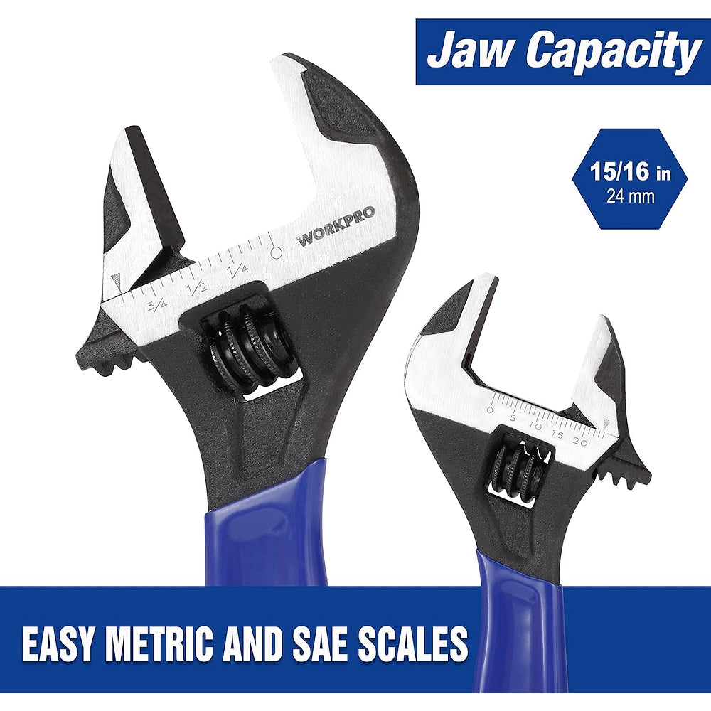 WORKPRO adjustable wrench with black oxide jaw and measurement scale on stem